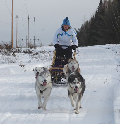 One of the participants at the Maine Winter Cabin Adventure tries her hand at driving the team